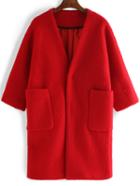 Romwe Half Sleeve Pockets Woolen Red Coat
