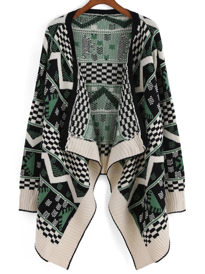 Romwe Geometric Print Drape Front Coat