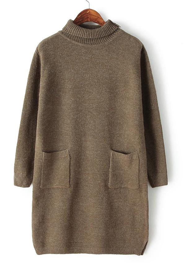 Romwe High Neck Pockets Loose Knit Khaki Sweater