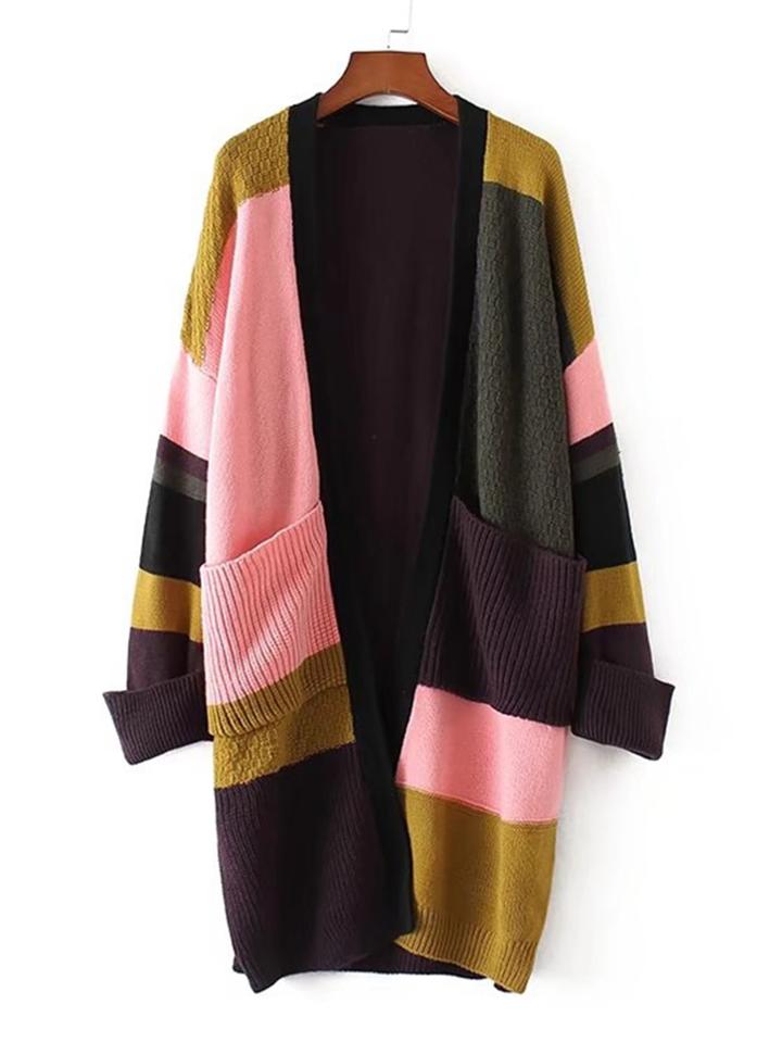 Romwe Color Block Front Pocket Longline Cardigan