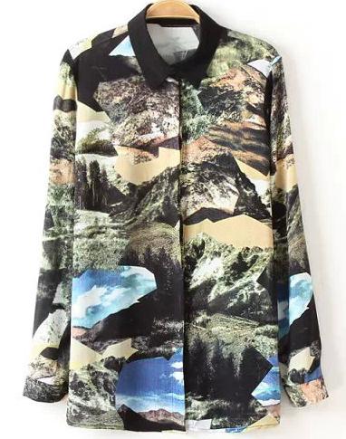 Romwe Landscape Print Loose Blouse