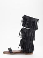 Romwe Black Lace Up Tassel Flat Sandals