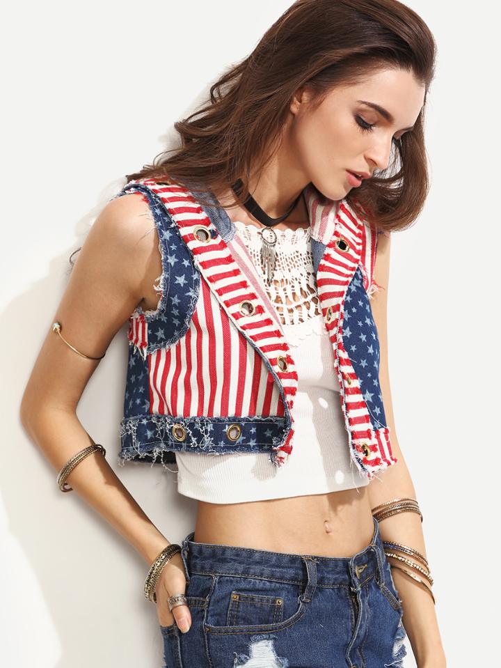 Romwe Blue Stars And Stripes Print Hooded Denim Vest