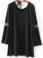 Romwe Bell Sleeve Lace Insert Scoop Back Black Dress