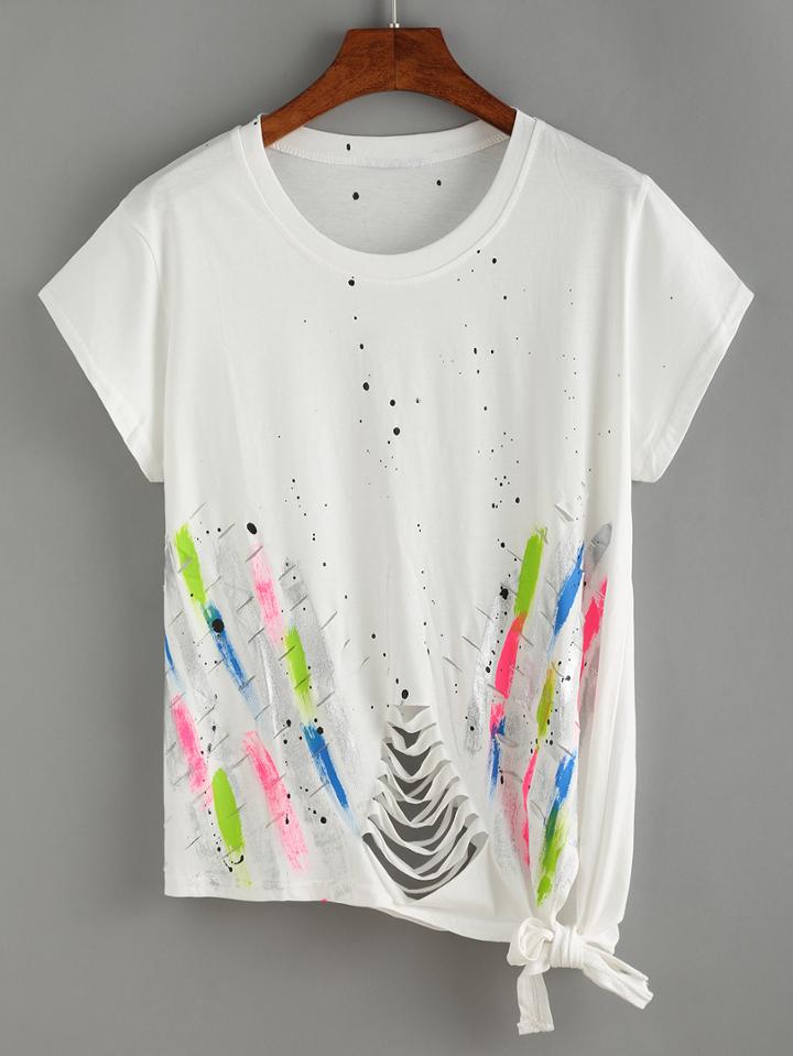 Romwe Brush Stroke Print Cutout T-shirt