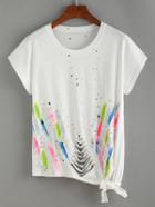 Romwe Brush Stroke Print Cutout T-shirt