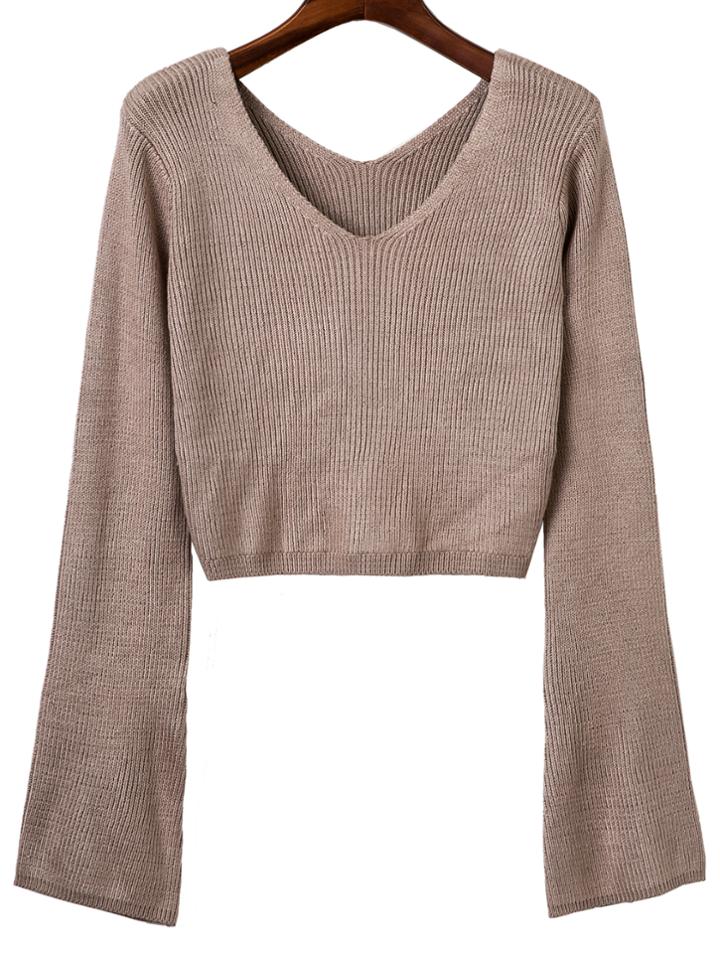 Romwe Khaki Double V Back Ribbed Knit Sweater