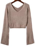 Romwe Khaki Double V Back Ribbed Knit Sweater