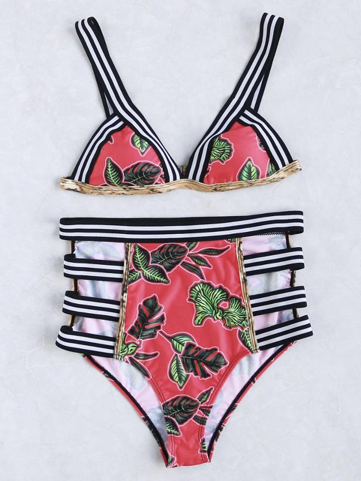 Romwe Striped Detail Ladder Cutout High Waist Bikini Set