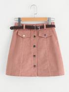 Romwe Single Breasted Ribbed Corduroy Skirt With Belt