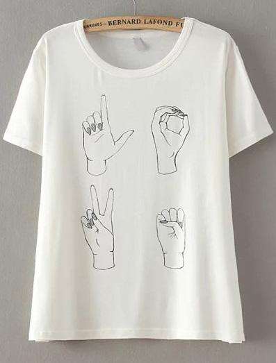 Romwe White Short Sleeve Hand Print Loose T-shirt