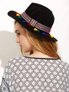 Romwe Black Vacation Pom Pom Embroidered Ribbon Wide Brimmed Straw Hat