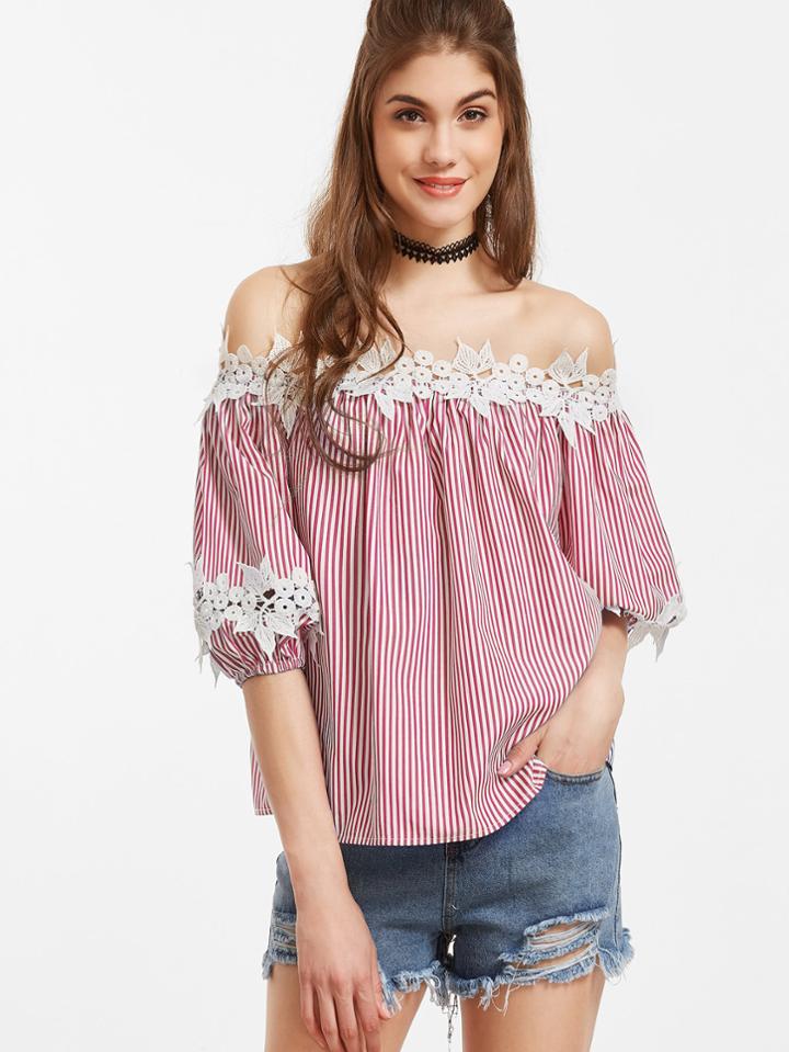 Romwe Vertical Striped Off Shoulder Lace Applique Blouse