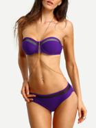 Romwe Mesh Panel Bandeau Bikini Set - Purple
