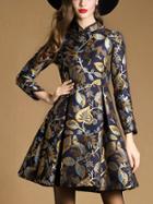 Romwe Multicolor Collar Long Sleeve Jacquard Pockets Dress