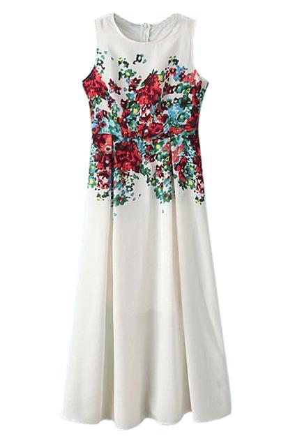 Romwe Floral Print Pleated White Dress