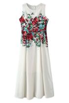 Romwe Floral Print Pleated White Dress