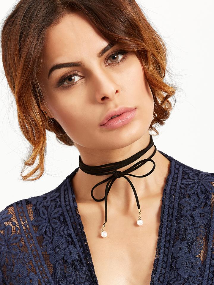 Romwe Black Bow Faux Pearl Wrap Choker Necklace
