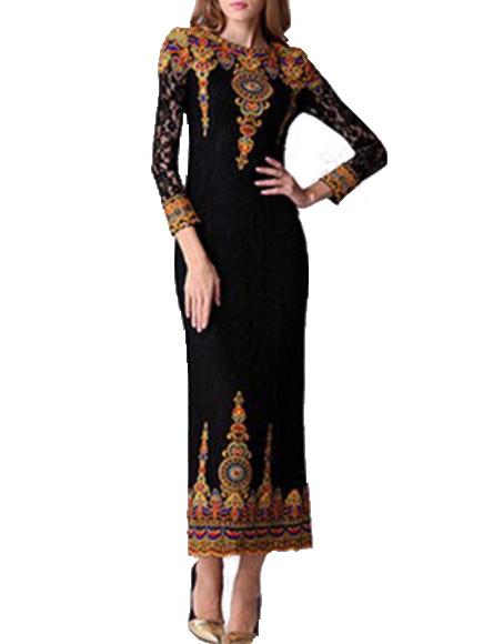 Romwe Long Sleeve Embroidered Slim Black Dress