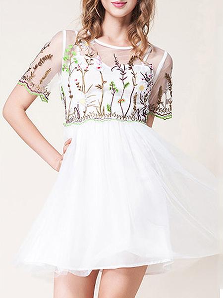 Romwe White Gauze Flowers Embroidered A-line Dress