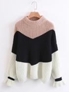 Romwe Color Block Fluted Sleeve Sweater