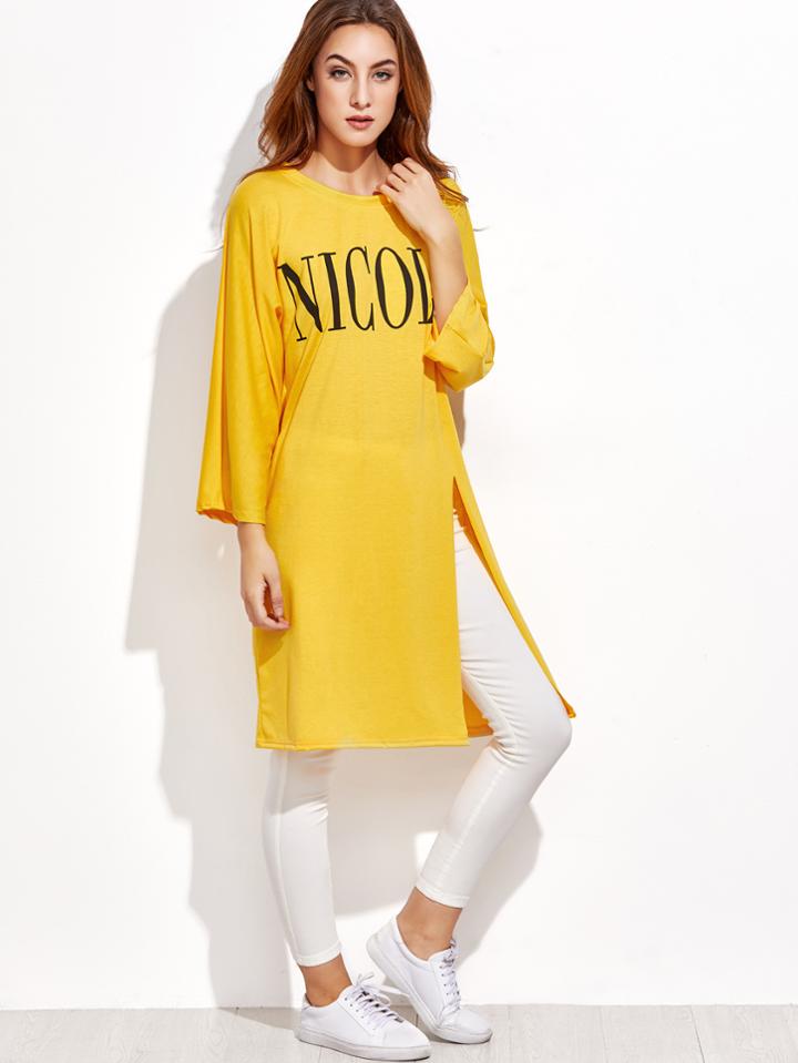 Romwe Yellow Letter Print High Slit Side T-shirt