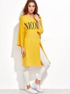 Romwe Yellow Letter Print High Slit Side T-shirt