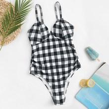 Romwe Gingham Ruched Cut-out One Piece Swimwear