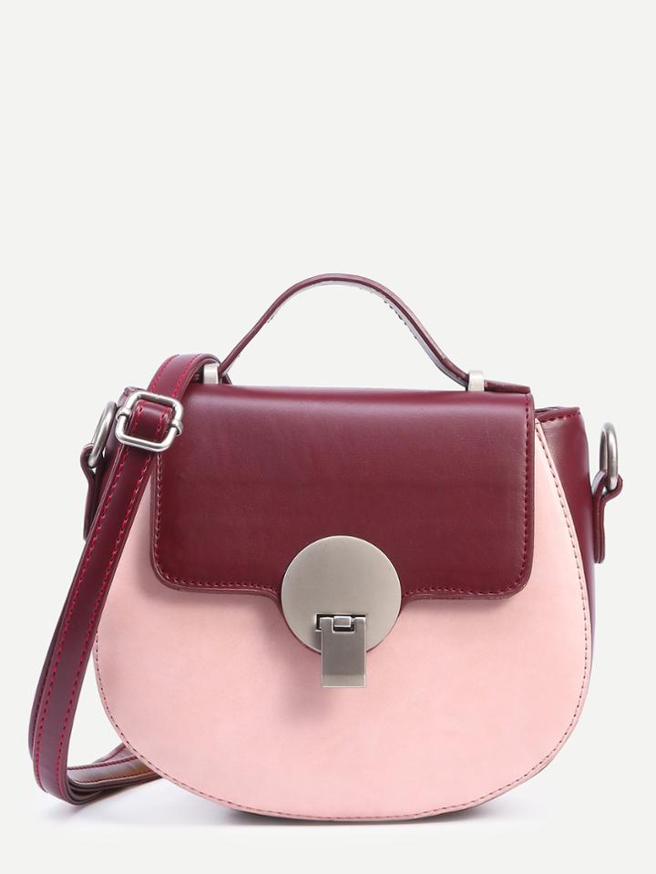 Romwe Contrast Faux Leather Metal Closure Saddle Bag