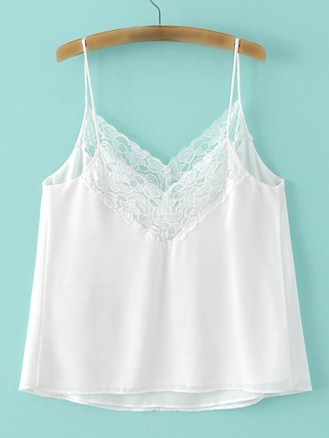 Romwe White V Neck Spaghetti Strap Lace Chiffon Cami Top