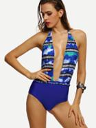 Romwe Blue Abstract Print Plunge Neck Backless Swimsuit