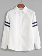 Romwe White Striped Trim Long Sleeve Shirt With Pocket