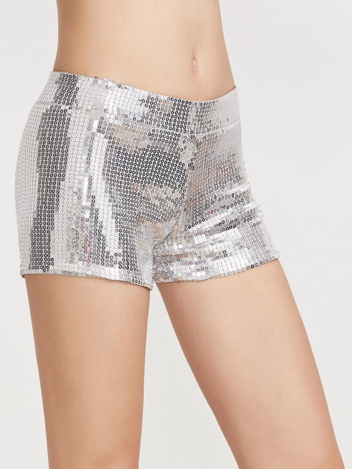 Romwe Silver Elastic Waist Skinny Sequin Shorts