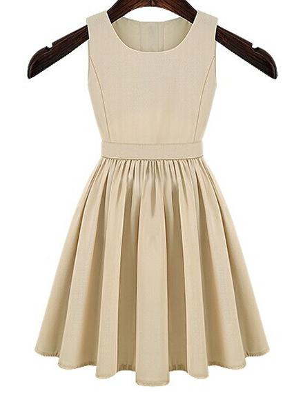 Romwe Open Back Buttons Pleated Apricot Dress