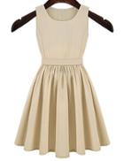 Romwe Open Back Buttons Pleated Apricot Dress