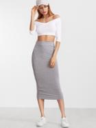 Romwe Heather Grey Elastic Waist Midi Pencil Skirt
