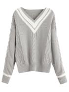 Romwe Grey Contrast Trim V Neck Drop Shoulder Diamondback Sweater