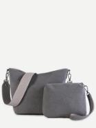 Romwe Grey And White Faux Leather Tote Bag Set With Wide Strap