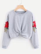 Romwe Rose Embroidered Applique Sleeve Twist Front Crop Sweatshirt