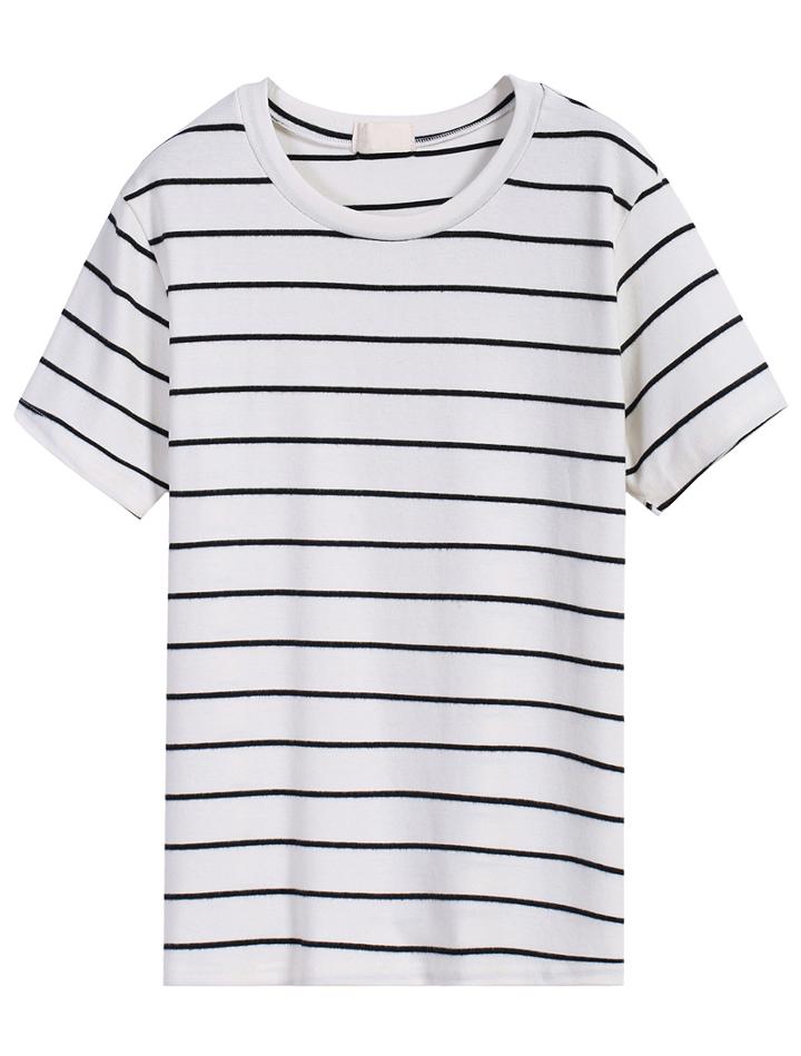 Romwe Striped Slim White T-shirt