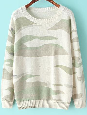 Romwe Green Camouflage Print Knit Sweater