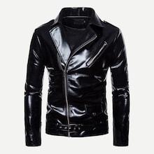 Romwe Men Oblique Zipper Solid Pu Jacket