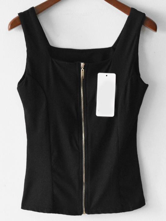 Romwe With Zipper Black Tank Top