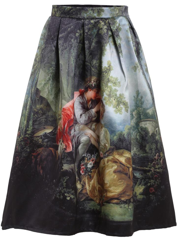 Romwe Black Forest Print Flare Skirt