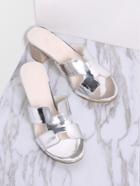 Romwe Silver Cutout Detail Chunky Heeled Sandals