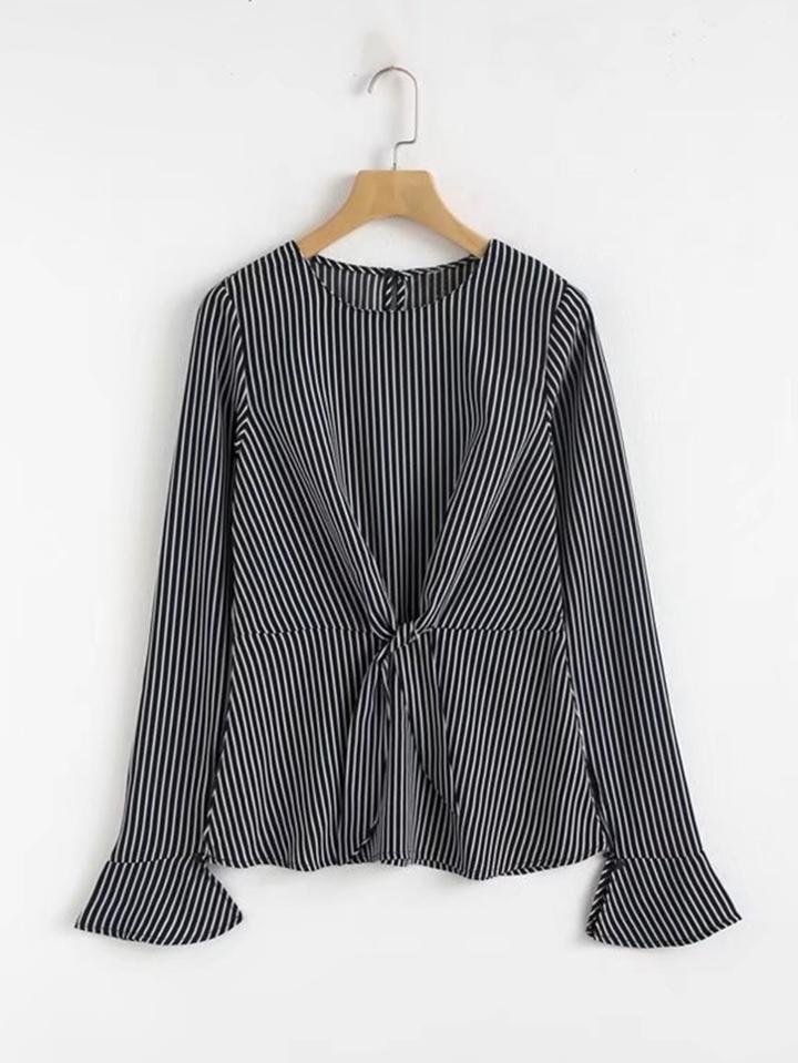 Romwe Twist Detail Bell Sleeve Striped Blouse