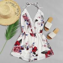 Romwe Lace Panel Open Back Floral Halter Romper