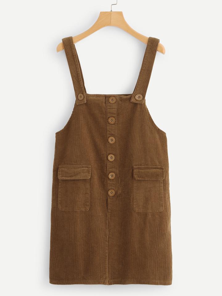 Romwe Corduroy Dual Pocket Single Breasted Pinafore Dress