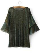 Romwe Green Layered Sleeve Sparkle Blouse