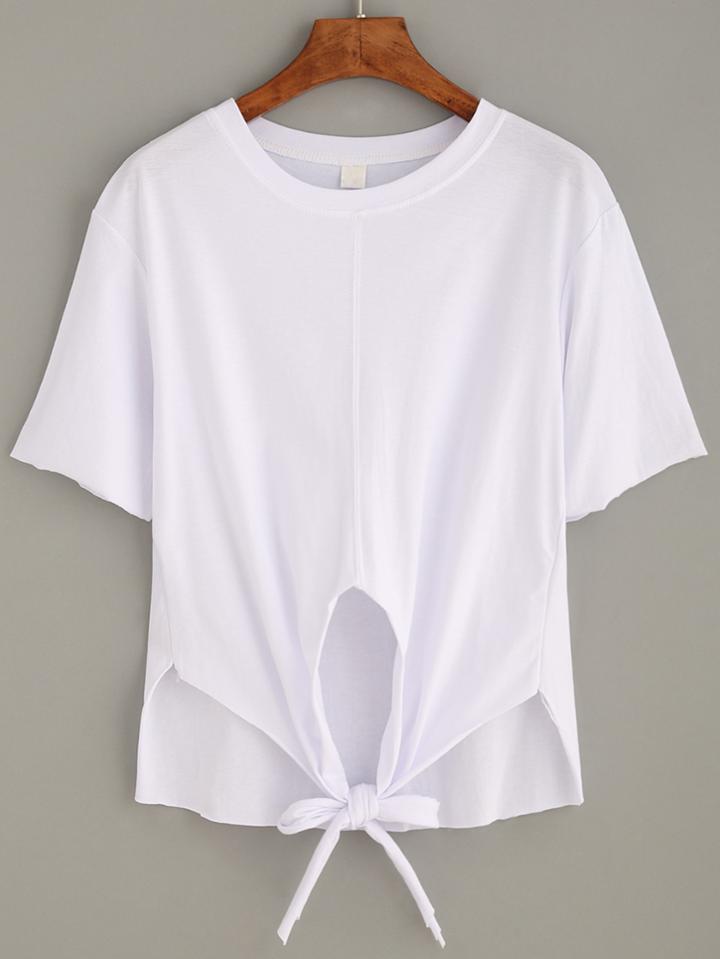 Romwe White Raw Hem Tie Front T-shirt